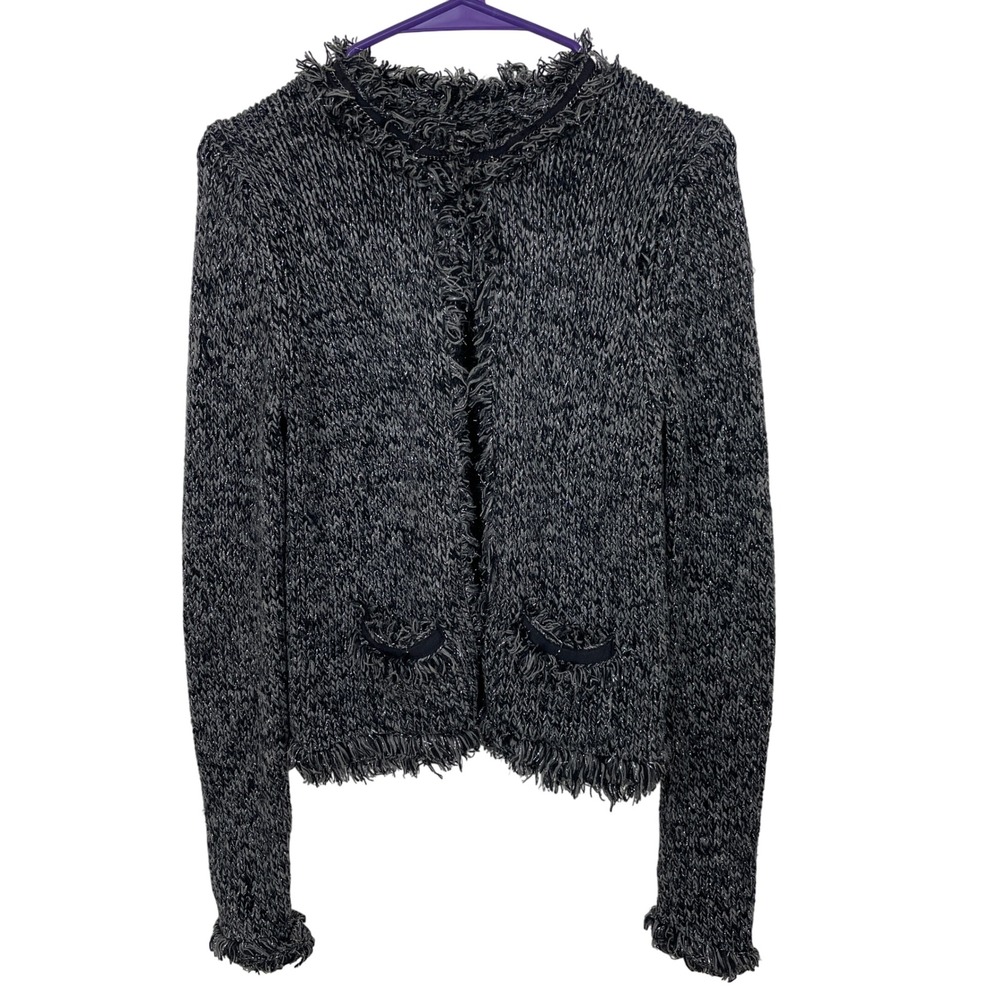 Express Fringe Trim Knit Cardigan Sweater Gray‎ Silver Sparkle Small S